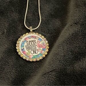 Summer Vibes Only Pink Flamingo Round Pendant Necklace